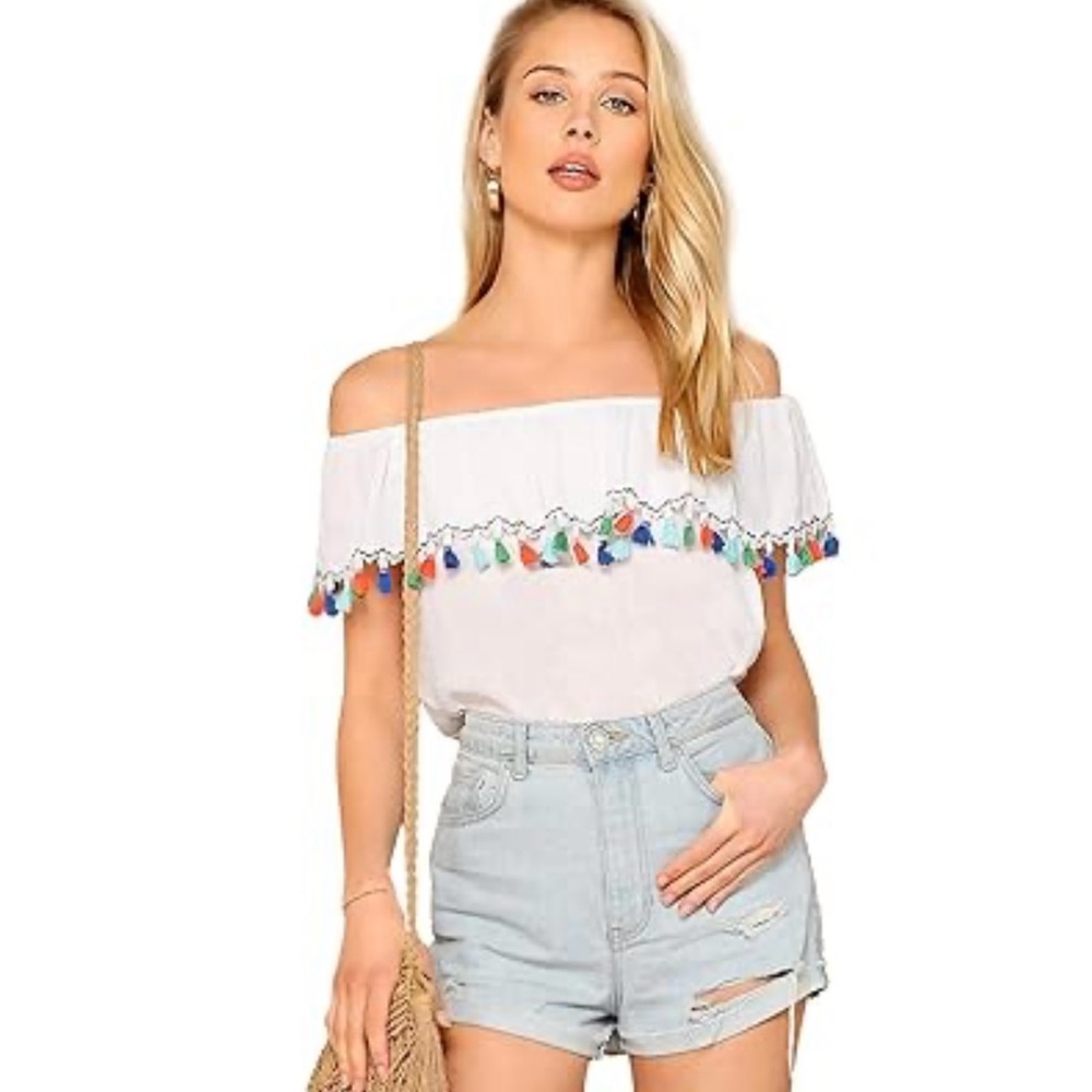 Pebble and Stone Off-Shoulder Top with Colorful Tassels, Size Large